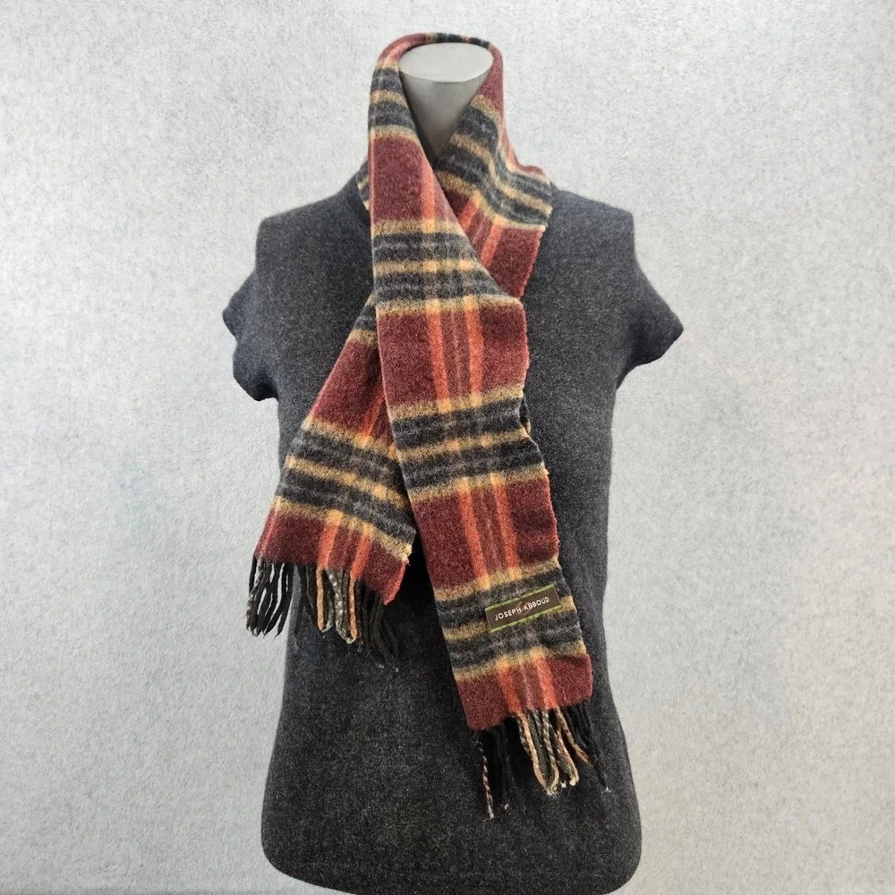 Joseph Abboud 100% Cashmere Plaid Scarf Burgundy Orange Made in Germany Vintage